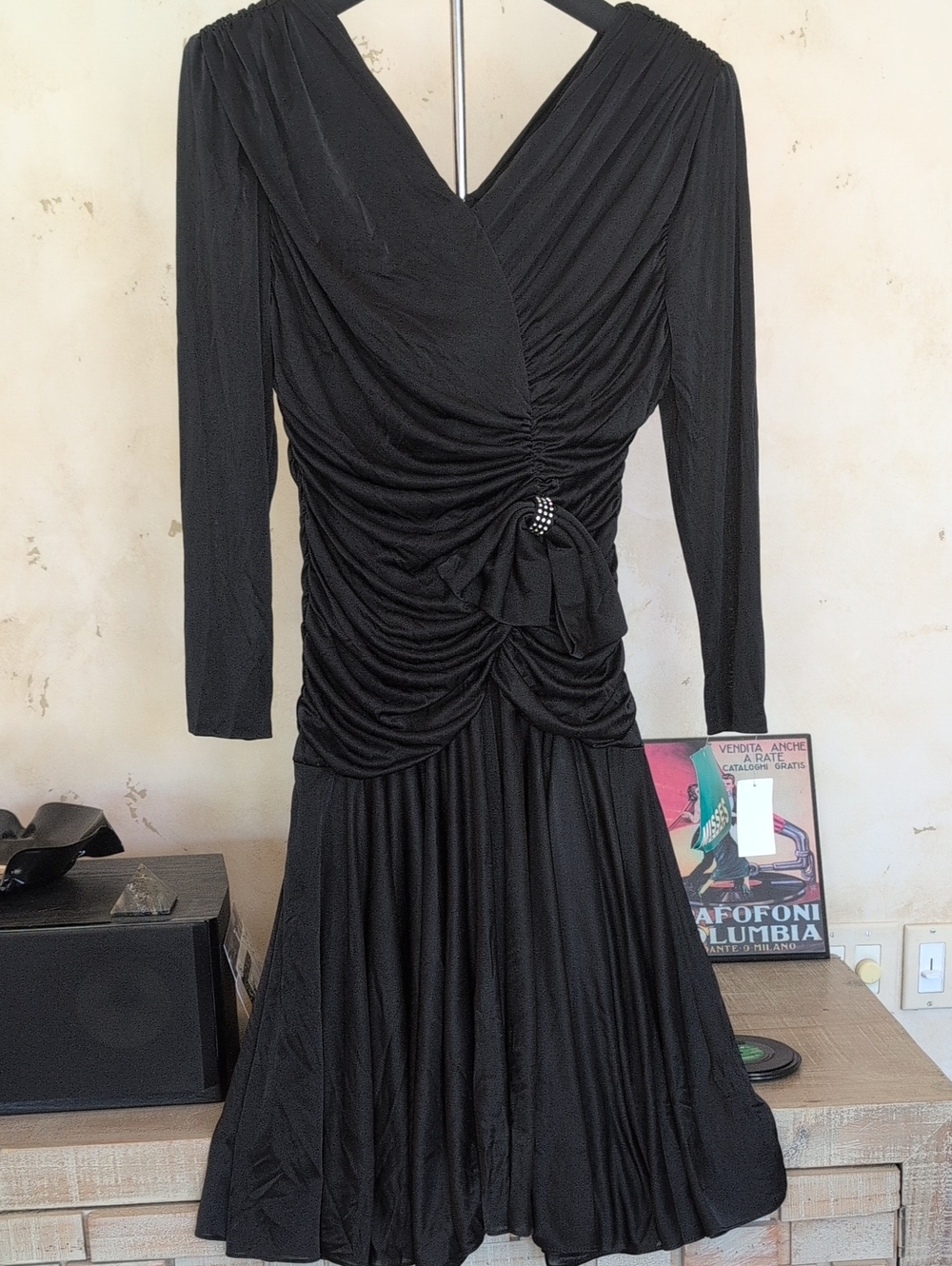 Vintage 80s NWT Black Long-Sleeve Ruched V-Neck Evening Dress Glam
